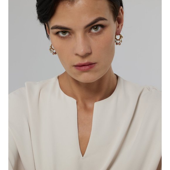 ^NEW 18K Gold Plated Round Diamond Drop Huggie Hoop Earrings - Picture 7 of 9